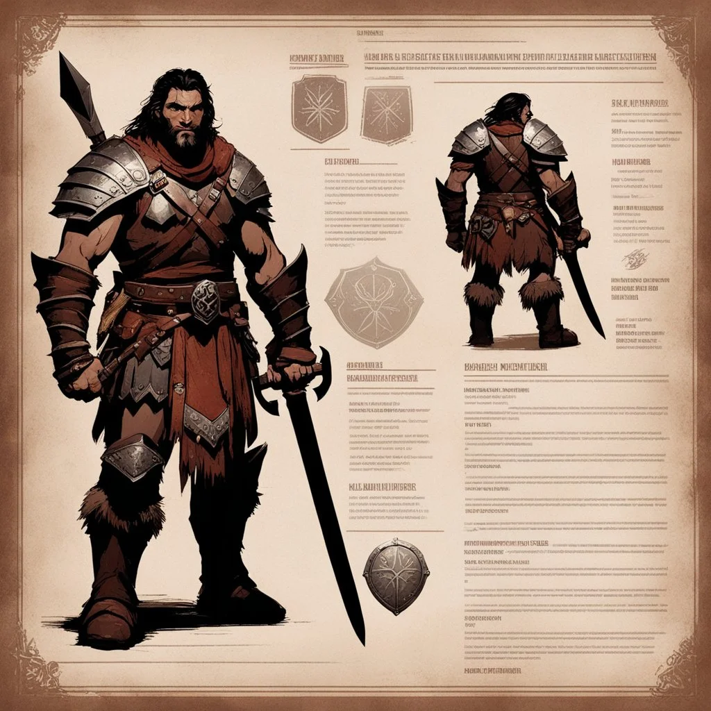 character concept sheet with AD&D statistics and characteristics, [vintage style noisy scratches glitches, Shot the texture and then rewound the film and double exposed the face] a Barbarian ranger with his leather armour, his broad sword and his small iron shield