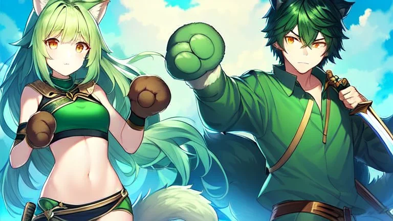 Girl, 2boy ,wolf muzzle, long green hair, green wolf ears,2 wolf tail, open navel, short blue shirt,animal tail, animal paws, wolf paws hand, orange eyes, sword.