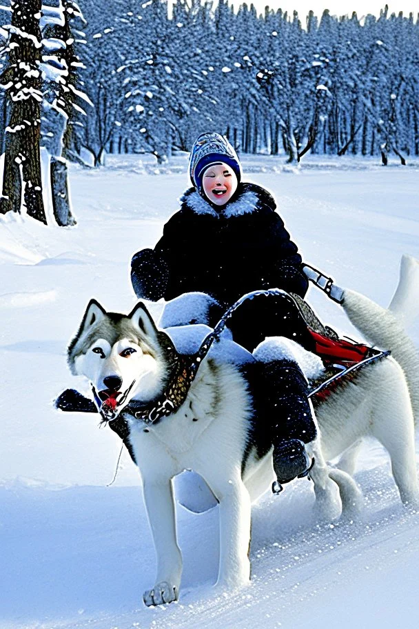 Matthew (niño) y Margaret (niña) viajan en un trineo tirado por un husky por un paisaje nevado