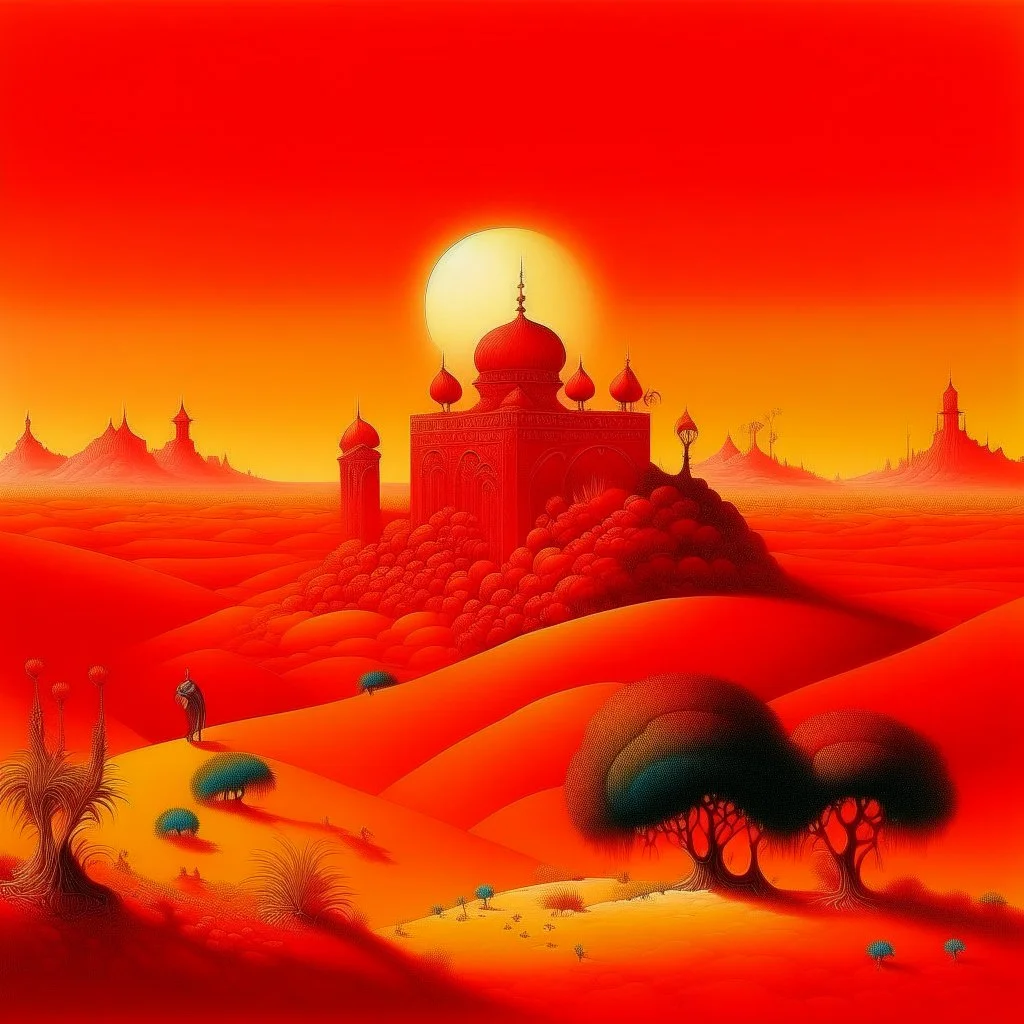 A red kingdom in a scorching desert designed in Indian Gond art painted by Ivan Aivazovsky