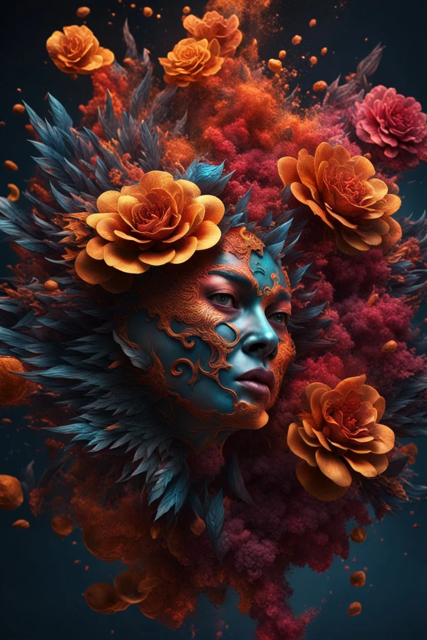 "Generate a captivating digital 3d , 8k realistic abstract image where a vivid explosion of images bursts forth, weaving together elements of demons, tattoos, flowers, and storms