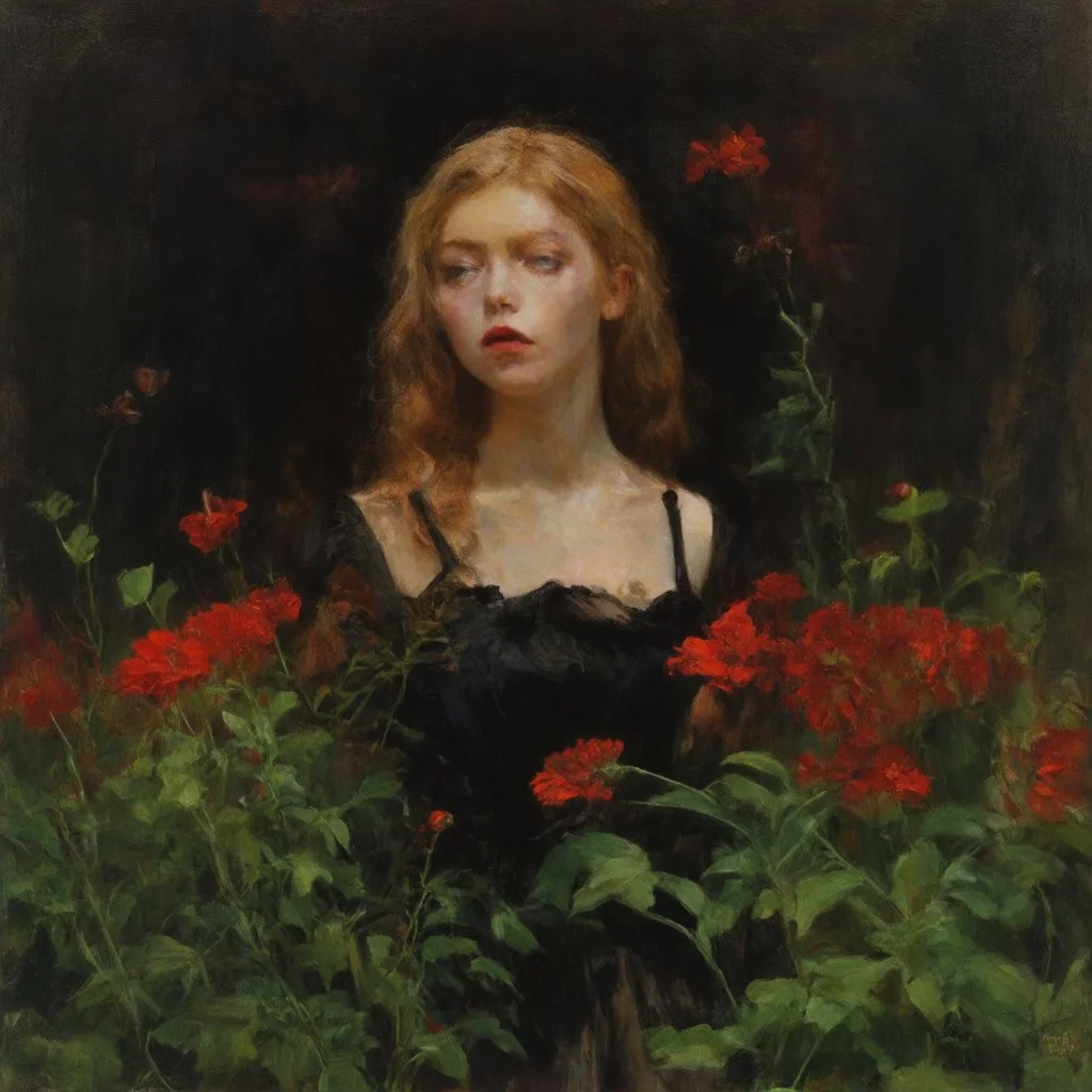 Red flowers, vegetations, forest, doom, creepy, gloomy, gothic dark influence, john singer sargent paintings, and berthe morisot paintings