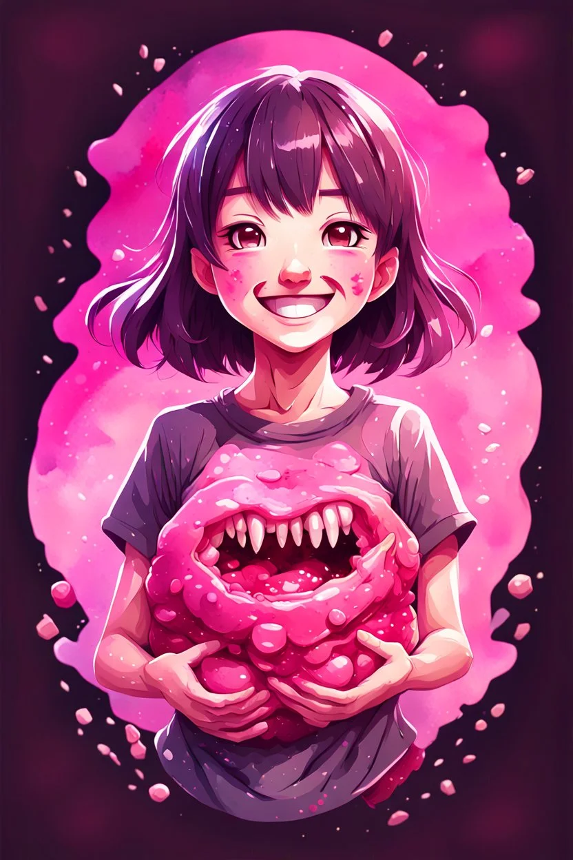 A detailed illustration Anime girl smiling crushed inside really darkpink fleshy stomach filled with digestive juices, t-shirt design, cute and quirky, fantasy art, watercolor effect, bokeh, Adobe Illustrator, hand-drawn, digital painting, low-poly, soft lighting, bird's-eye view, isometric style, retro aesthetic, focused on the character, vector logo, vector art,