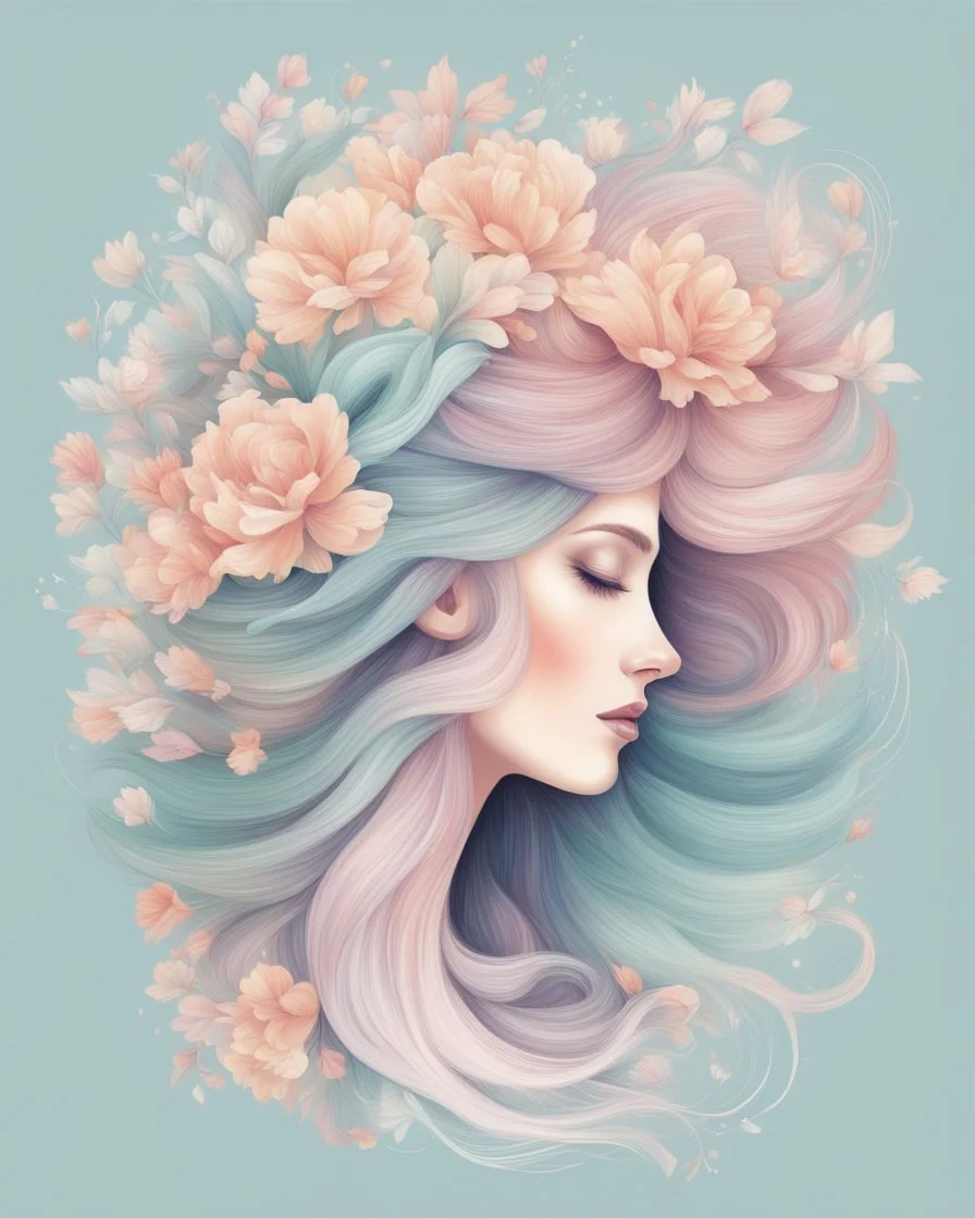 floral hair illustration in pastel colors, abstract visualization