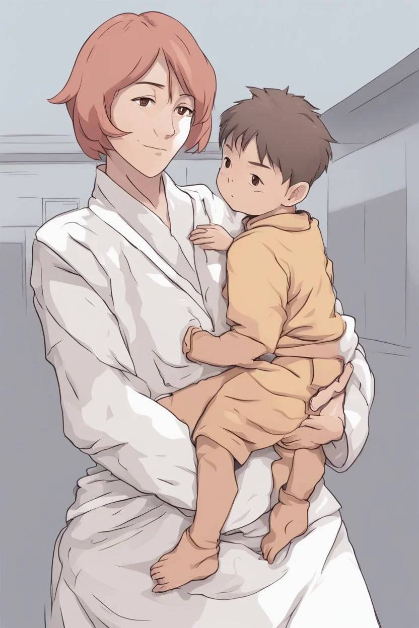 Mother holds her son , anime style