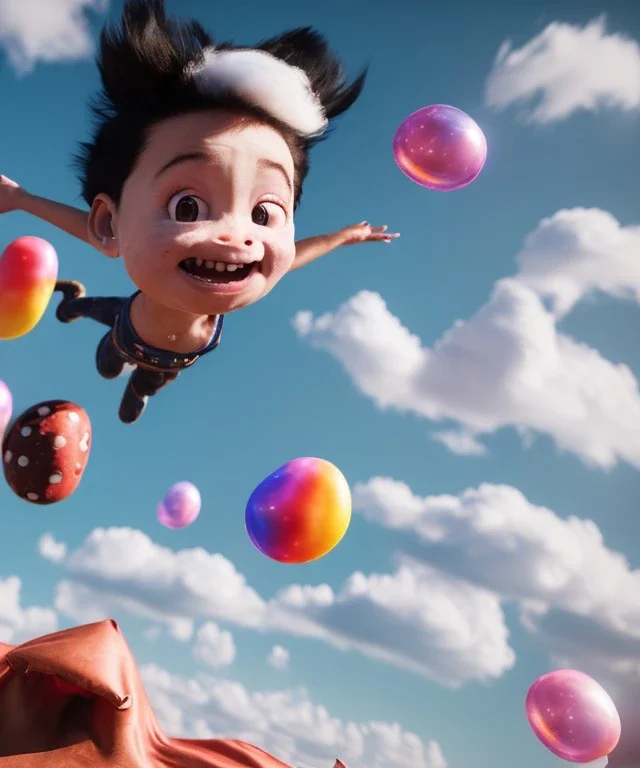 Ultra realistic speed clouds sky scene, wide angle view, child falling down with many Children background, inflatable monsters, circus dress style, feather color, free jumping flying, many trinkets, hair monster, many jelly beans, balls, color smoke, smile, happy, extreme, wind, clouds sea, 20,000 feet altitude, stratosphere, soft color, highly detailed, unreal engine 5, ray tracing, RTX, lumen lighting, ultra detail, volumetric lighting, 3d, finely drawn, high definition.