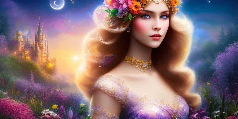 bright fairy, beautiful portrait, flowery landscape