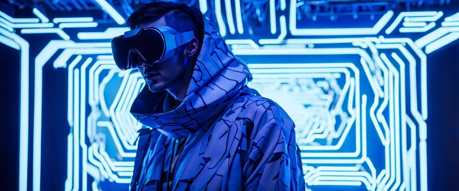 A prodigy in cyber-navigations, Terra Byte uses their unique skills to manipulate digital space and create virtual ecosystems that serve as sanctuaries from the harsh cyberpunk reality. Draped in garments seamlessly integrated with camouflage tech, and goggles perpetually projecting data streams before his eyes, imperfection, natural lighting, cinematic, Fuji Film, Anamorphic lens, 2040s, deep depth of field, Solarpunk