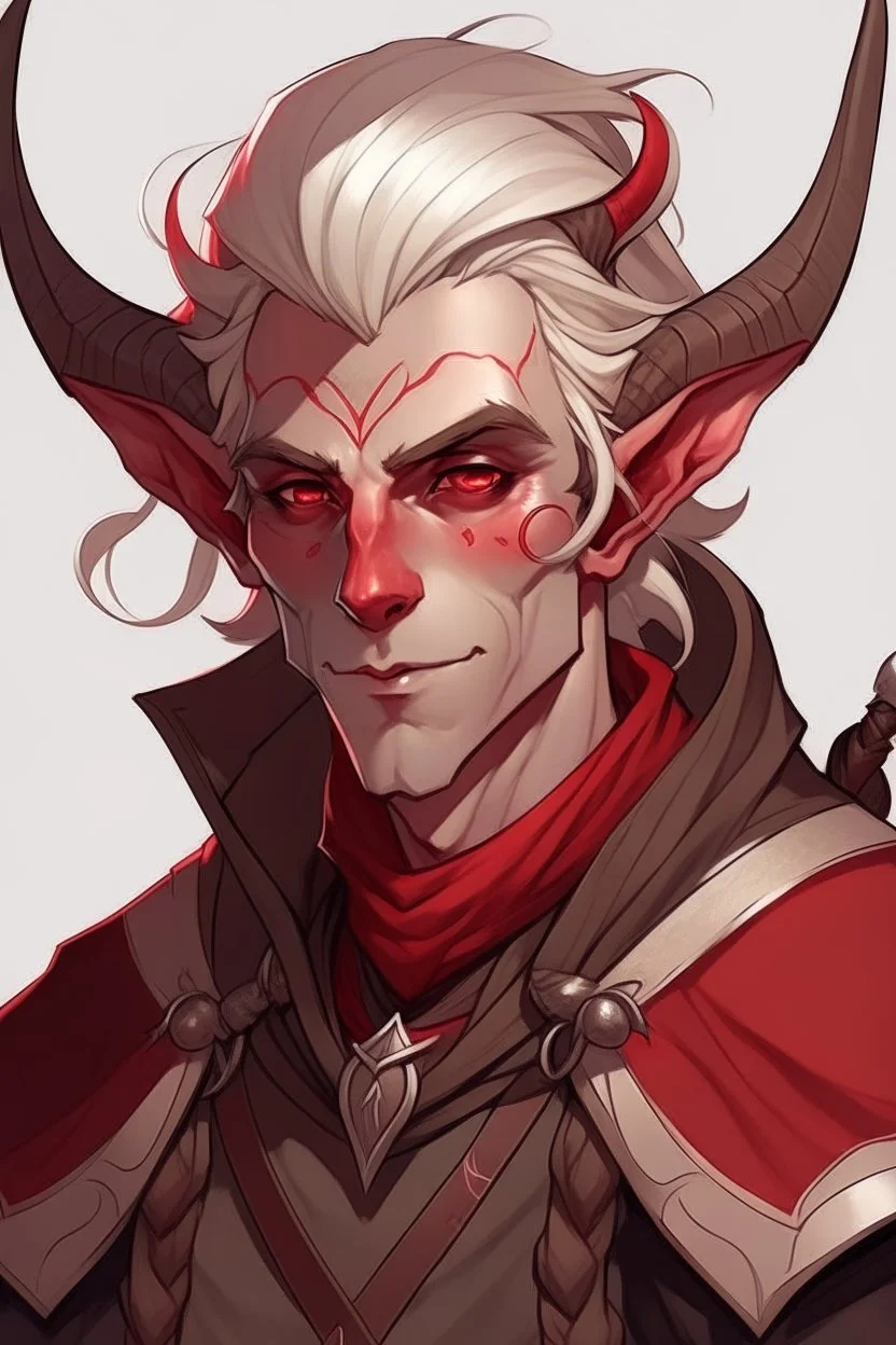 lowborn rogue male brown-red tiefling white hair white eyes dnd