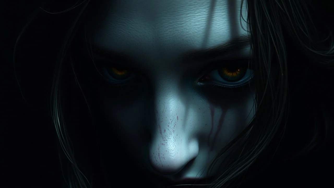 close up face shadow dark gold eyes, void, pain, hyper-realistic detail, floats in deep darkness, abyss, Dark ten and pale light tendrils in her hair, drils and shadow around, abyss, fog, Style crepy stunning, dark, surreal vibe underwater and meticulous detail clean pale skin dark golden eyes, . dark shadow and weird surreal mood