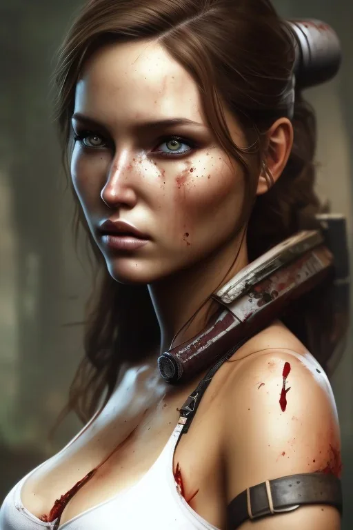 Camilla Luddington face, lara croft clothes, mouth shut, busty hitomi tanaka, dirty face, mud, blood, sweat, scratch, pintura, details,texture,8k quality, florest, Minimalism, Romanticism, Expressionism, Impressionism