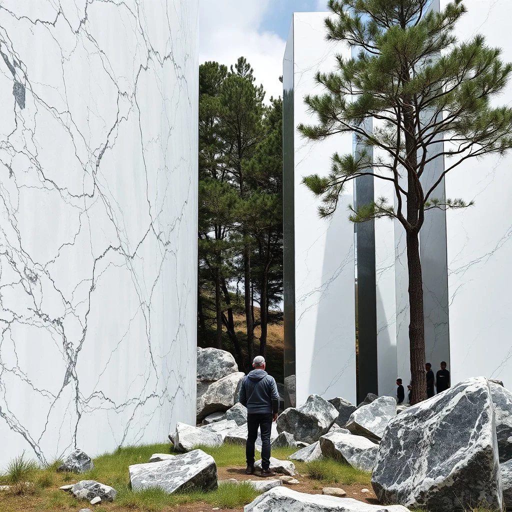 Un'immagine di un paesaggio naturale con marmi imponenti accanto a strutture artificiali verticali e alberi. Queste strutture sembrano blocchi rettangolari riflettenti, come colonne di vetro, che creano un contrasto tra il naturale e l'artificiale. Brutalista. Persona osserva. bianco con venature e solchi. Nero. La scena trasmette un senso di sospensione e dialogo tra elementi organici. Dettagli degli specchi e delle rocce molto accentuati.