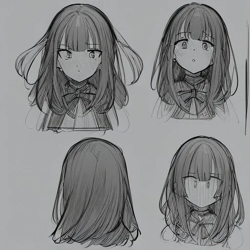 Clear focus, High resolution, rough line sketch, kid, choppy cut hair, long hair with a bow at the back, concept art, anime style, masterpiece