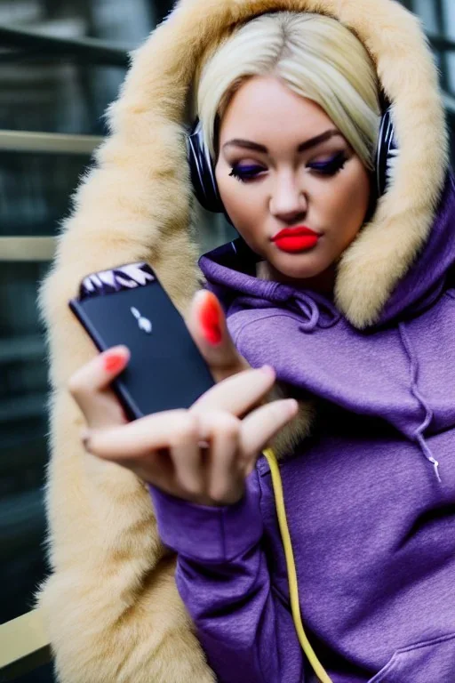 blonde taking selfie.thick thighs,thick calves,flat belly,curvy fell. NOVEL kind of hoodie, form which condescends with integrated bag[SIC]. It is sewed together of camouflage pieces, whose color are all denim colors,cream, brown and purple. Big colored headphones (gold rings!) is merged with small felt cap with small visor. Big bright purple felt tippet and birght-colored-hood is merged with colorful beanie. Inside is orange. Style: 1990's Finland