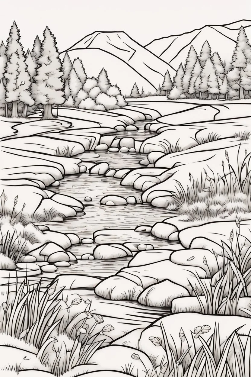 coloring page, creek through a meadow, cartoon style, thick lines, low detail, no shading