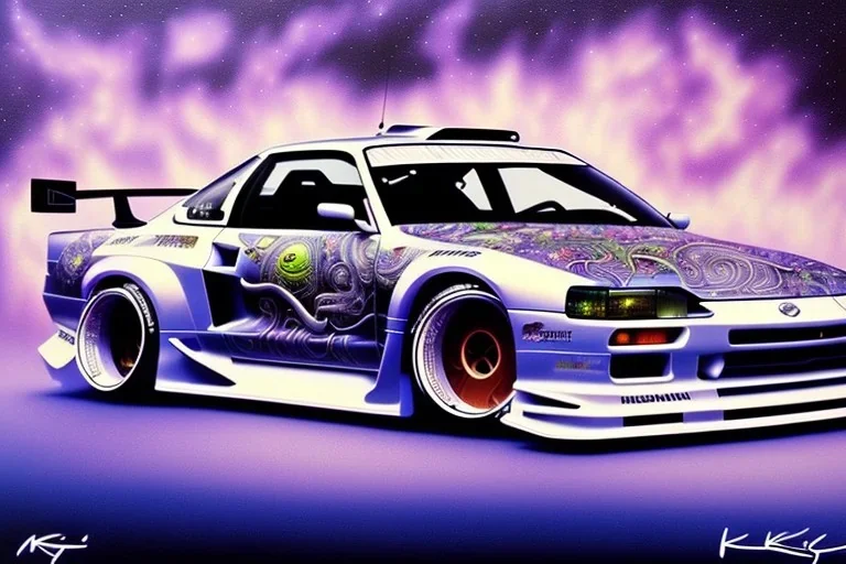 a true-to-life 1998 nissan silvia k's rocket bunny, centered, intricate, extreme detailed, photorealism, center view, city background, pivot on nissan, pen and color marker, painting by cheryl kelley