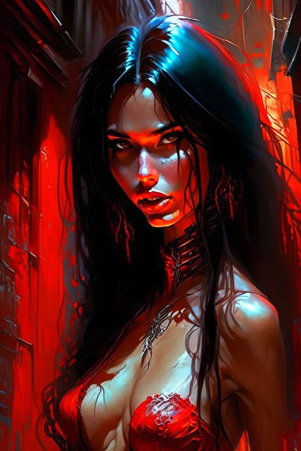 In this mesmerizing digital art piece crafted by the talented Aleksi Briclot we are captivated by the exquisite presence of a stunning woman adorned in a vibrant red bikini confidently positioned in a dimly lit alleyway her lustrous black hair cascading over her shoulders adds a touch of mystique to the composition while the intricate details of the artwork enchant us with every brushstroke inviting us to explore this captivating scene that was initially created as promotional artwork for the BB