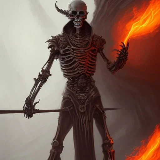 A skeleton man with fiery eyes and a dark leather dress and a long black cloak sitting on a big, skeletal and fiery horse, full HD, 4K, 8K, magical, fantasy, 3D, symmetrical, detailed and complete painting