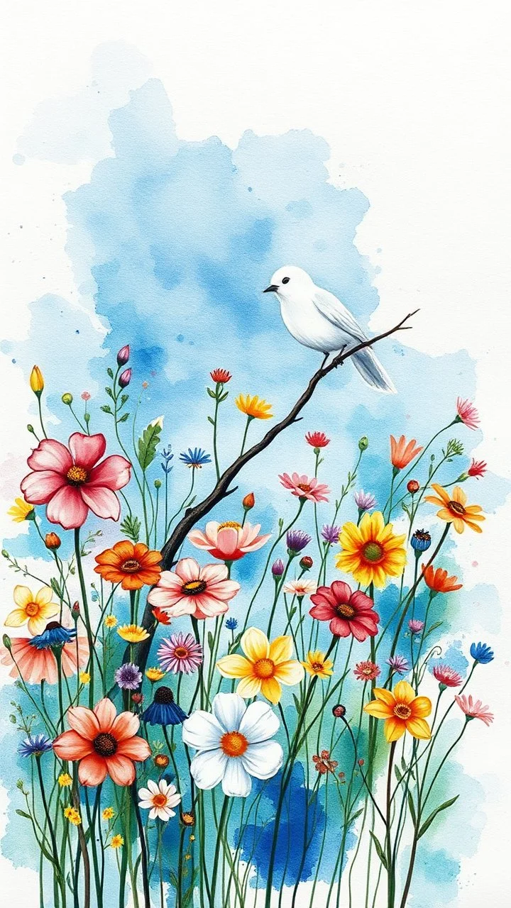 a smear . Field of wild a colorful flowers watercolor drawing on a blue splash colors background with a beautiful white bird on a tree branch