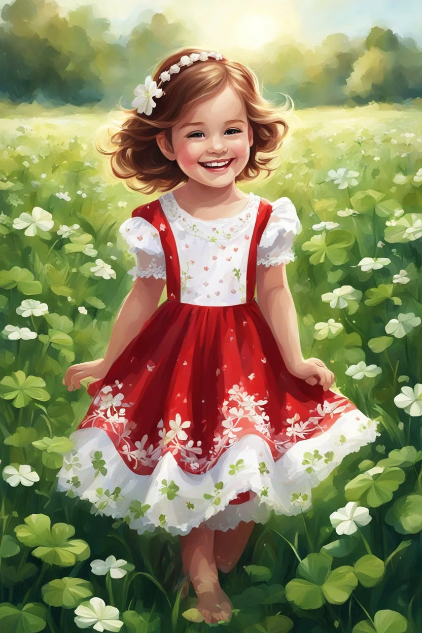 Adorable digital painting of a cute little girl in a gorgeous red and white dress smiling in a field surrounded by clover, high quality