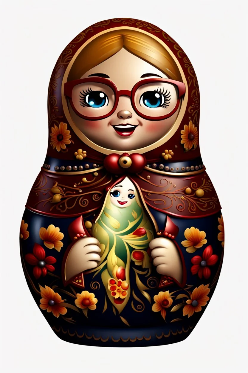 draw a Russian matryoshka doll in the style of Khokhloma, the matryoshka is smiling, the matryoshka has a smartphone in her hands, a frontal angle, a picture on a white background, the matryoshka is drawn entirely, a highly detailed 3d picture