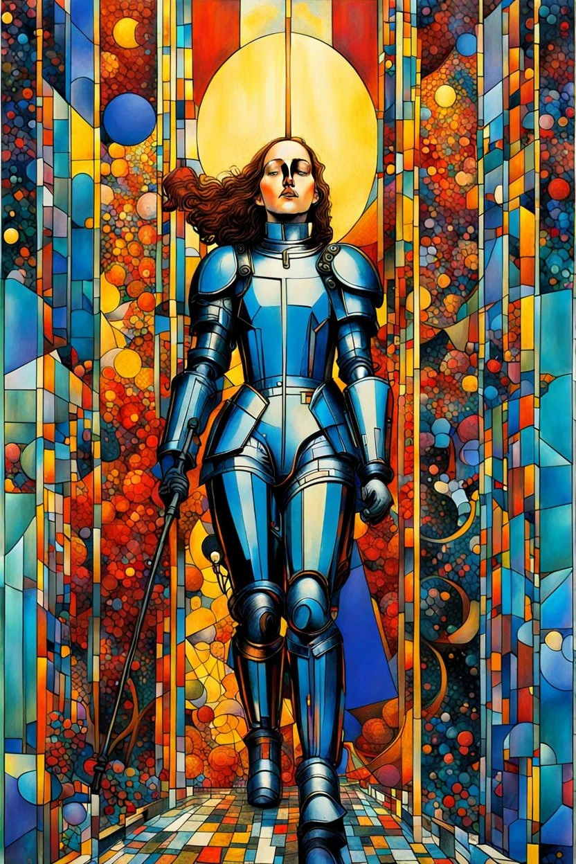 Create chaotic abstract cubist full body religious triptych depicting martyred Saint Joan of Arc, with highly detailed facial features, in the style of Bill Sienkiewicz, Philippe Druillet, Gustav Klimt, and Jean Giraud Moebius, precisely drawn, colored and inked