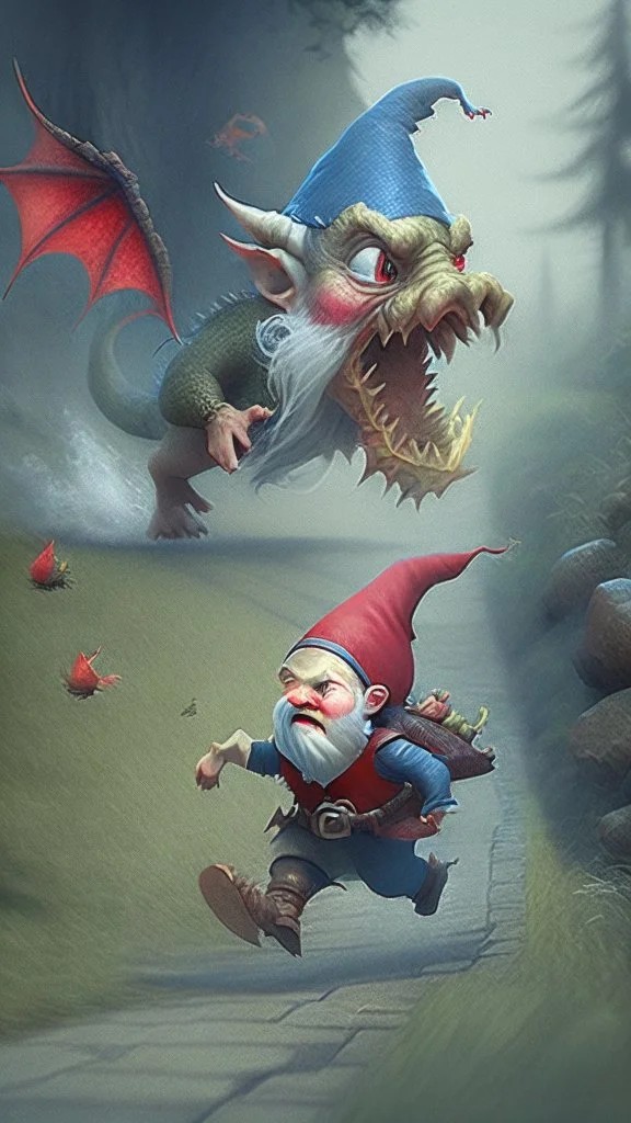 gnome running away from a dragon