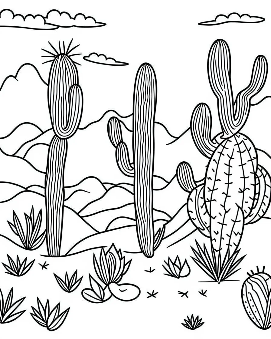 outline art for bold and easy coloring pages with A very simple and super minimal design a beautiful cactus landscape., white background, sketch style, fully body, only use outline, cartoon style, clean line art, white background, no shadows and clear and well outlined