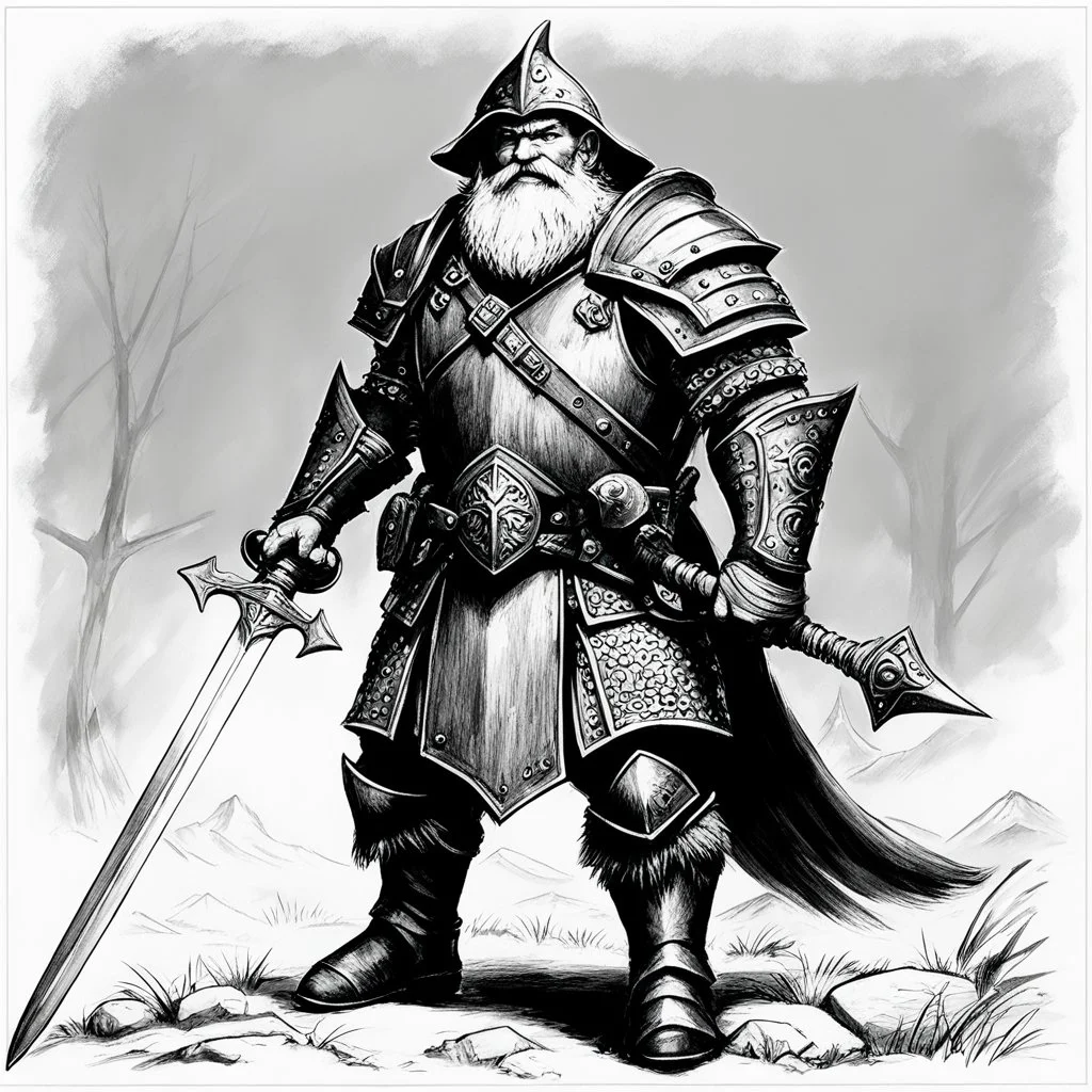 (black and white traditional pencil sketch digital drawing on paper by Ray Harryhausen) the senior AD&D dwarf ranger character class. Weapon: broad sword and long dagger, armour: preference for medium, powers: track, hide in wild, convince