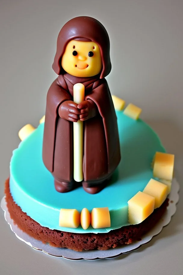 sponge cake filled with chocolate topped with a marzipan Jedi holding a lightsaber