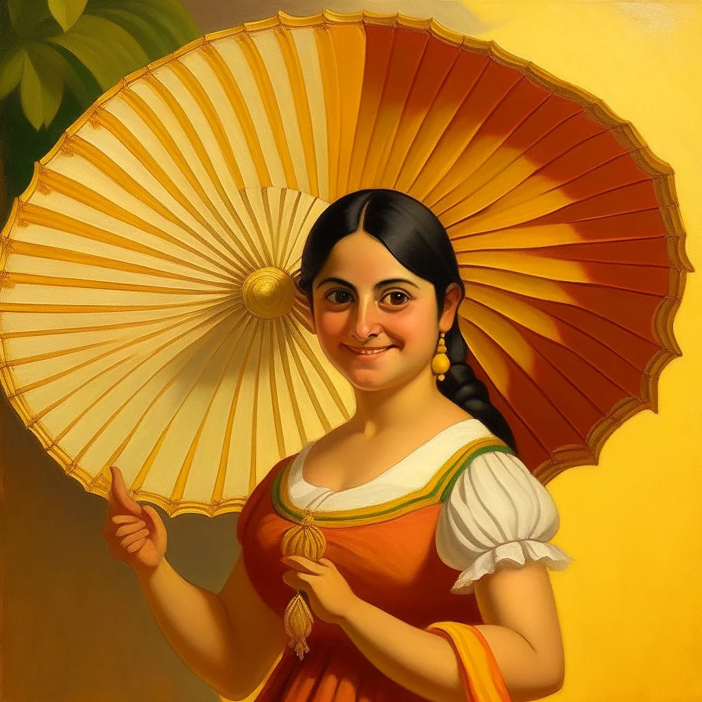 mexican woman smiling holding a fan turning around looking into camera neoclassism painting sun