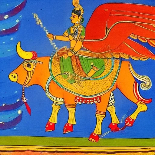 cow with wings riding a ship in Indian painting style