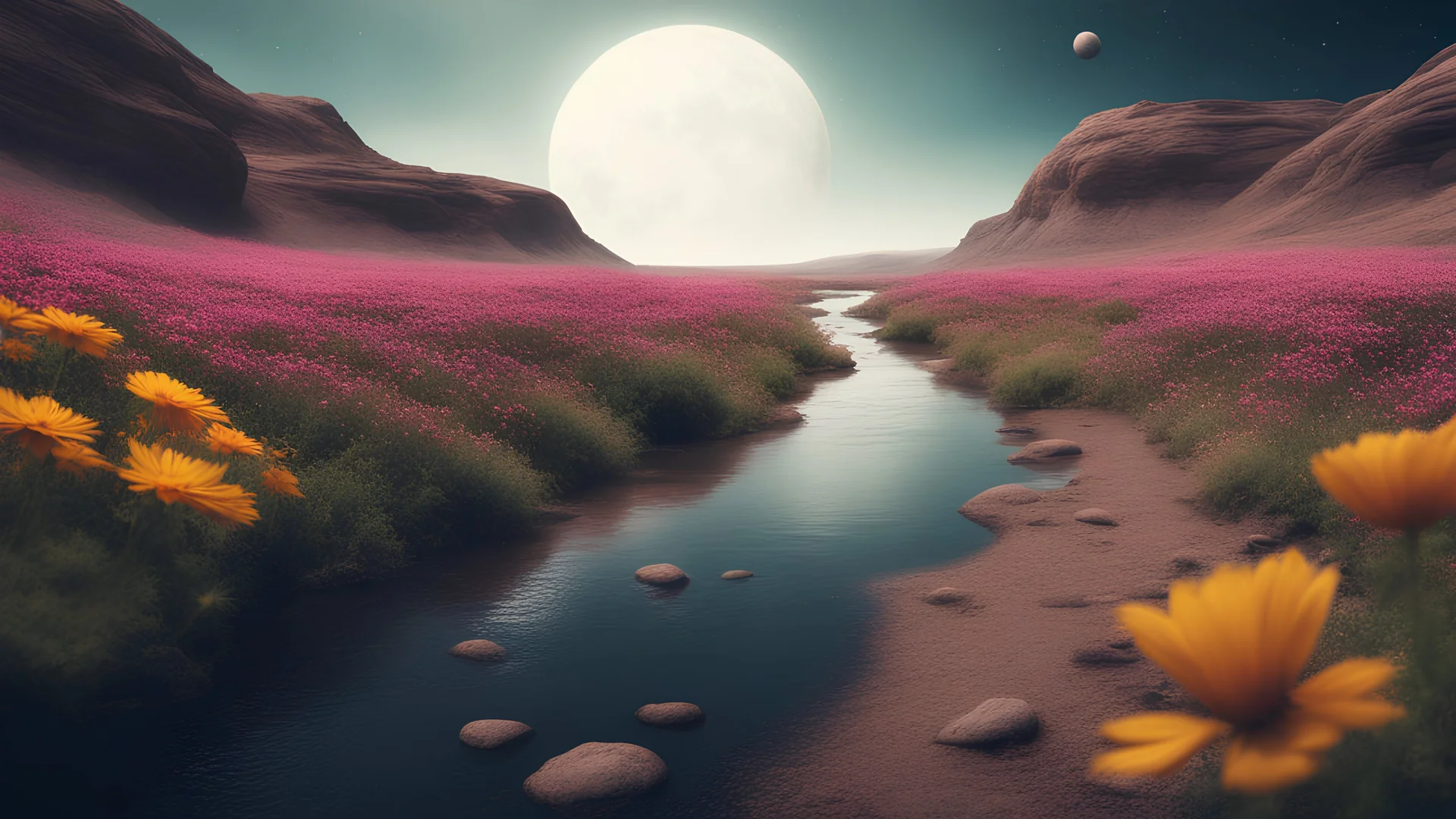 другая планета, река, астронавт, на берегах цветы - в стиле фотографии