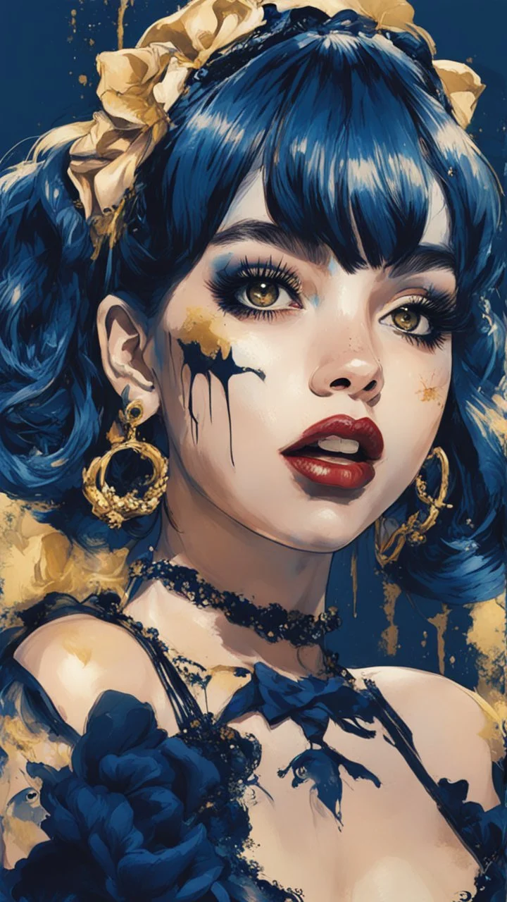 Poster in two gradually, a one side malevolent goth vampire girl face and other side the Singer Melanie Martinez face, full body, feet point view, painting by Yoji Shinkawa, darkblue and gold tones,