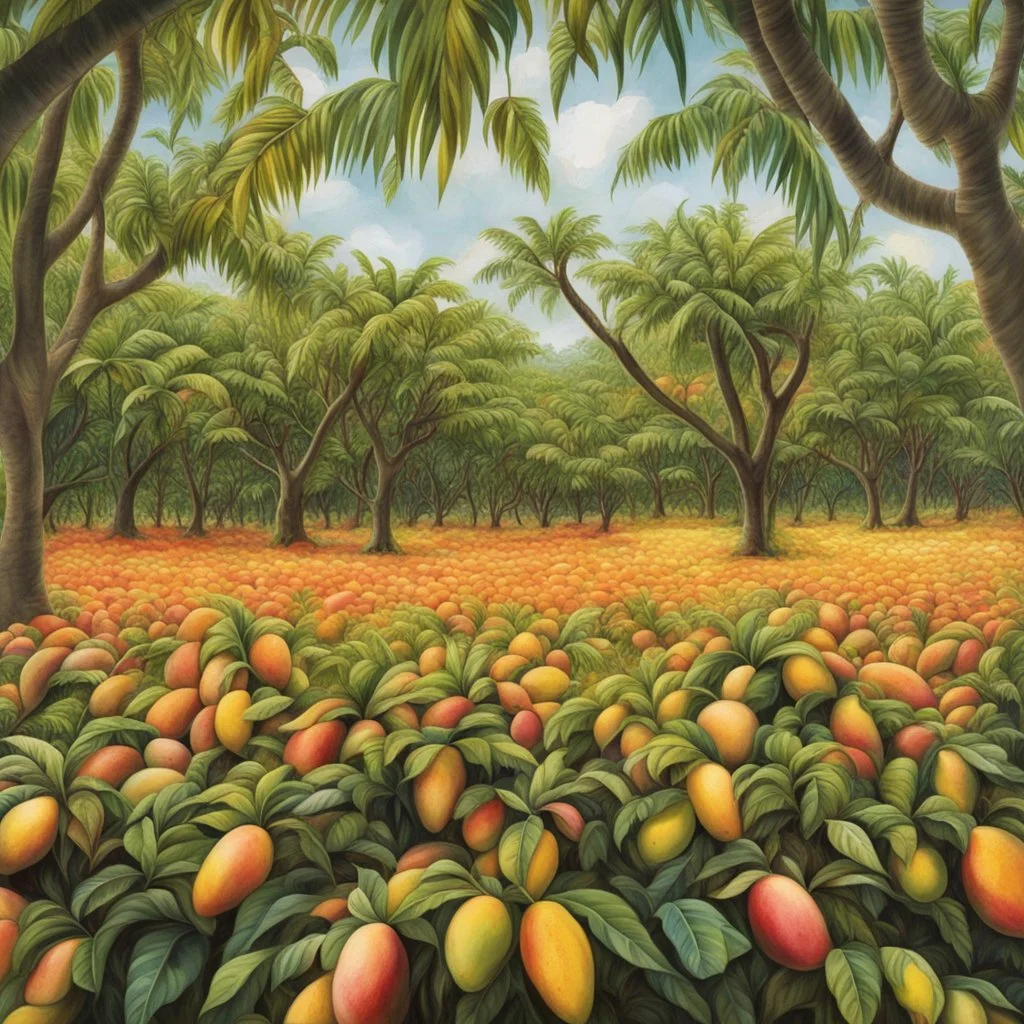 A field of mango trees in bright colors