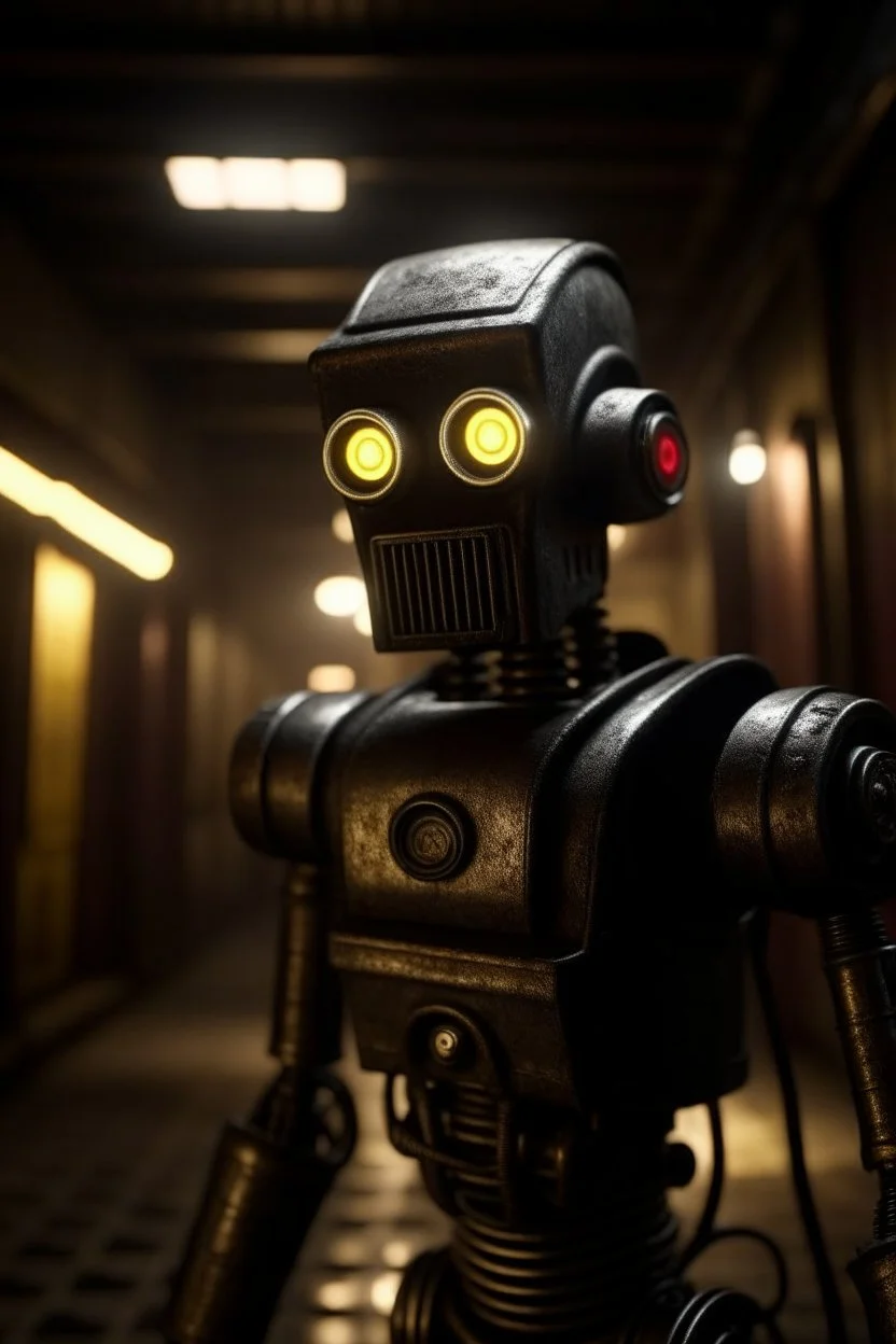 new york underground, film noire, a chat robot that stares at the camera like its the prettiest demon he has ever seen, its such a perfect day, motion blur, smoke, 8k, downlight, soft light, depth of field, photorealism, trending on art station, lotsa detail