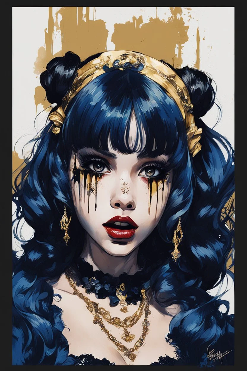 Poster in two gradually, a one side malevolent goth vampire girl face and other side the Singer Melanie Martinez face, painting by Yoji Shinkawa, darkblue and gold tones,