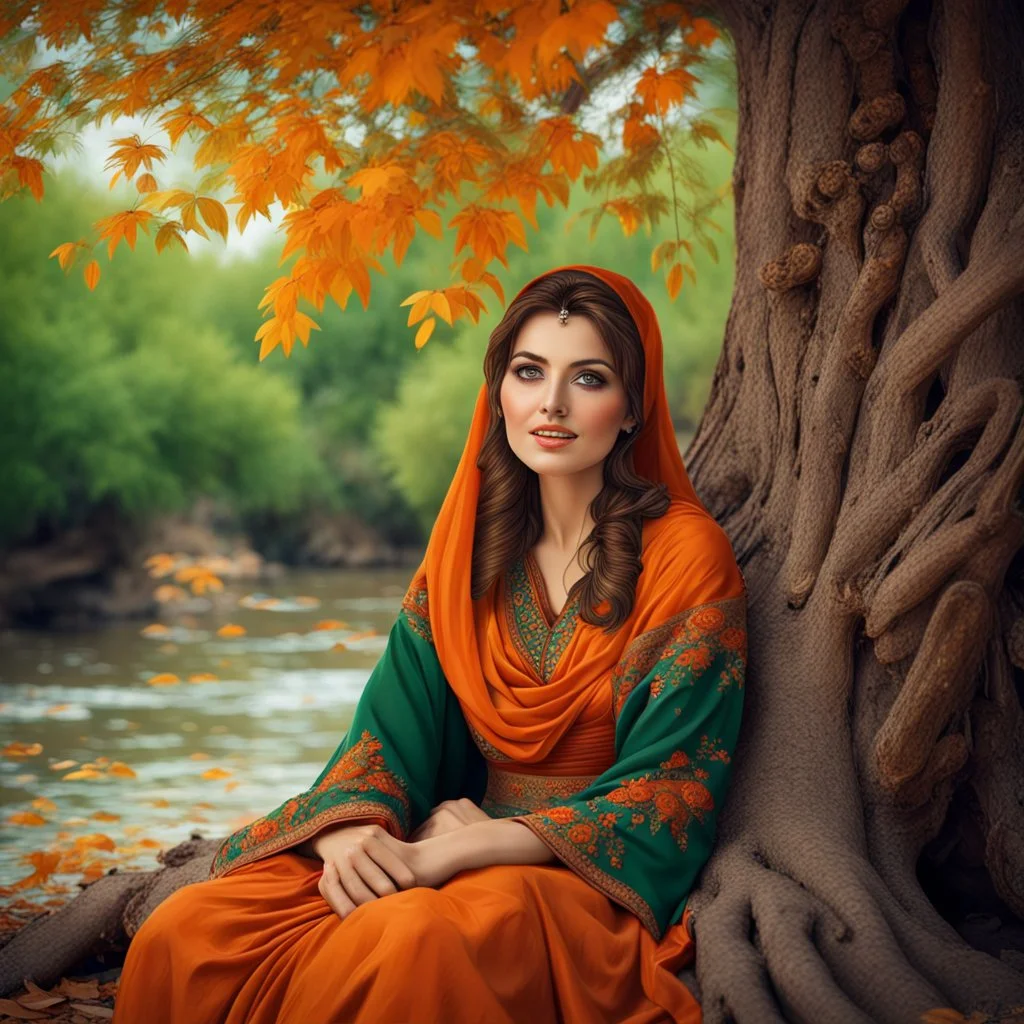 Hyper Realistic Photographic-View of a Beautiful Young Happy Pashto Woman with beautiful eyes & beautiful brown hair wearing Brown Dress with orange embroidery & dark-green-shawl sitting under a thick dense old tree with leaved falling riverside at beautiful day showing dramatic & cinematic ambiance.