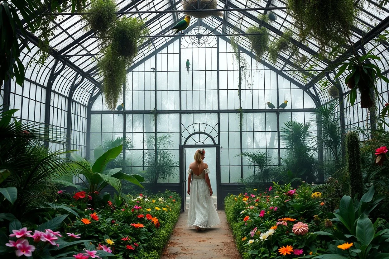 Victorian greenhouse overtaken by jungle, exotic birds nesting in iron rafters, morning mist, lost paradise atmosphere,a pretty model lady as queen walking in flowers