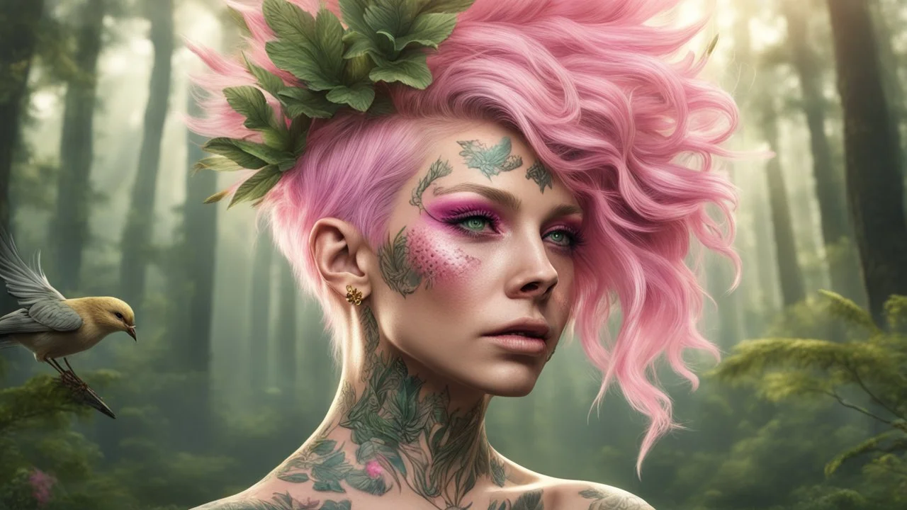 punk blonde 45 years old, forest on her head, pink plant hair, green plants, birds, golden makeup, tattoo, shiny aura, very detailed, fine rendering, high detail, high resolution, 8K