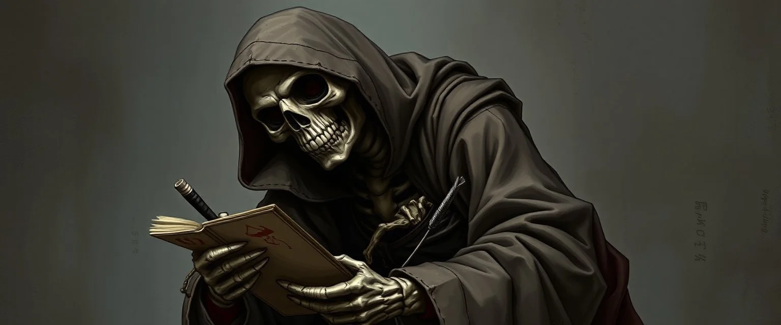 Skeletal undead wearing torn medieval clerk robes, holding scrolls and a quill, slouched posture, confused expression, dark fantasy with subtle humor, realistic bones