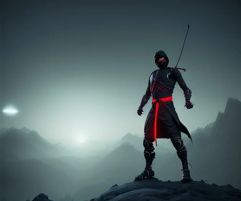 Ninja portrait, black suit, in the night Alps, angels background, volumetric red light, high detail, dark leaf tree, dark mountains in background, perfect, HR Giger style, holding sword, fighting, cinimatic