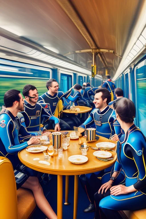 2 people are sitting on a train track, having tea at a round table; they have wet suits on with flippers and dive goggles; a steaming train is coming right towards them