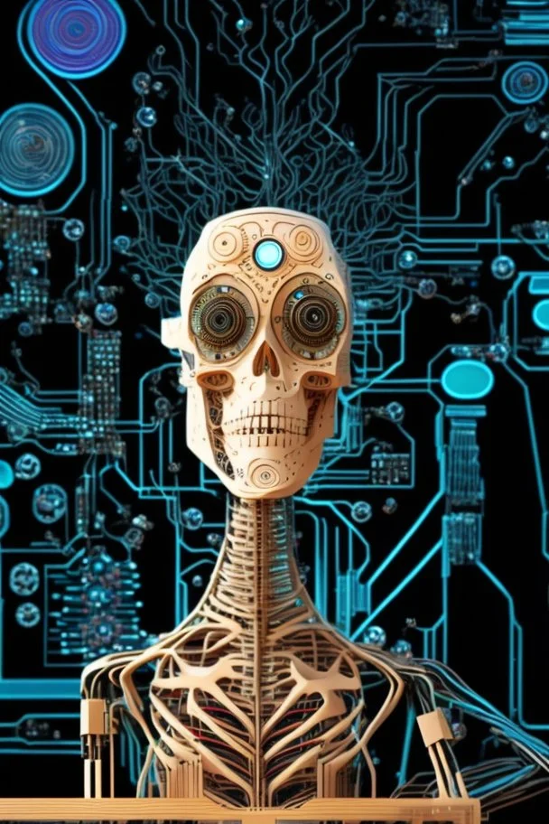 "AI Overlord" portrays a robot in front of a circuit board with the head being a television showing a talking head and the body being a skeleton dressed in a couture suit made from elaborately detailed quilling found in nature; neo-surrealism