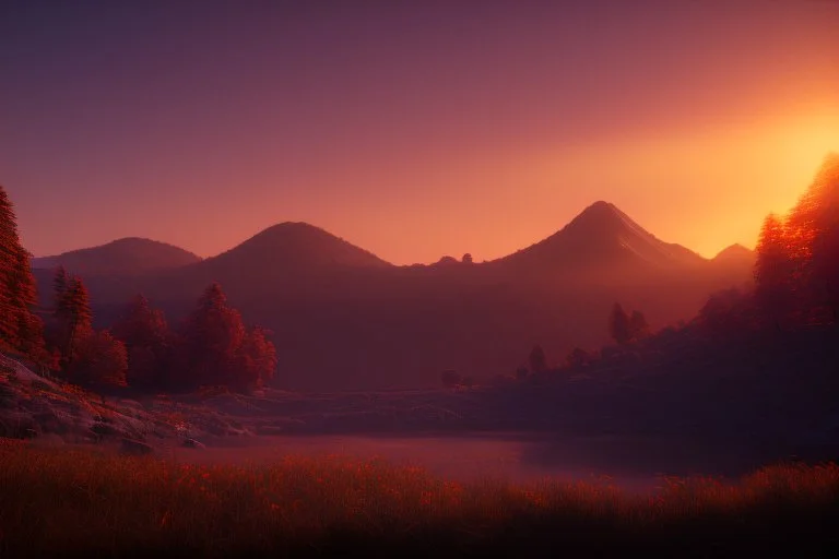 A serene mountain landscape during sunset with a blue and orange sky.