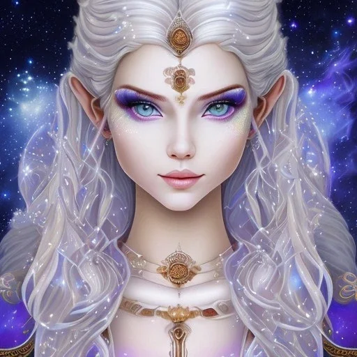 cosmic mage, elf, female, cosmic magic, long ears, white hair, face details, pale skin, jewellery, broad shoulders, sharp ears, cosmic clothes, cosmic eyes, ears shown, the cosmos in eyes, shining eyes, thin face, detailed ears, magical eyes, closed mouth, make up, smiling face, happy face, pointy ears