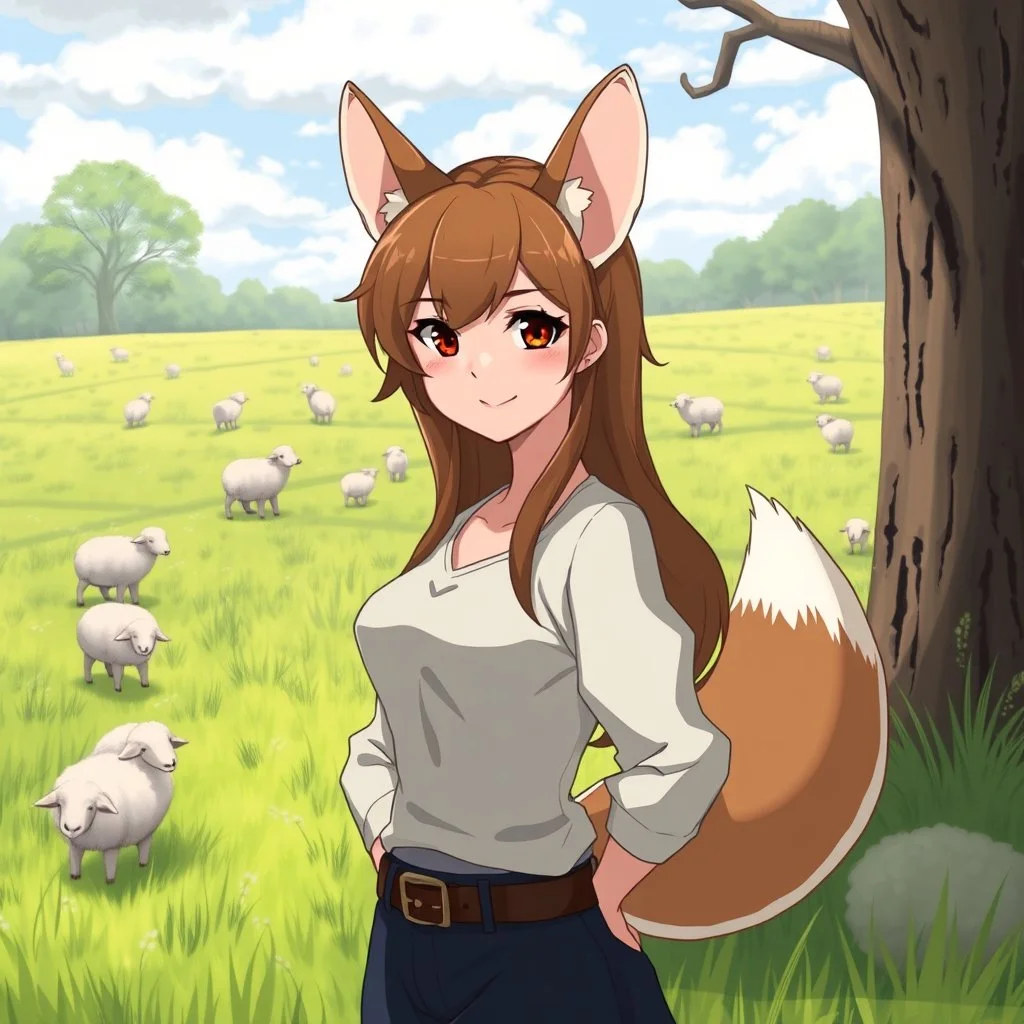 an arrogant, confident young woman with long brown hair, red eyes, pale skin, corgi ears, a corgi tail, Greg Rutkowski, anime, sheep in a field for the background