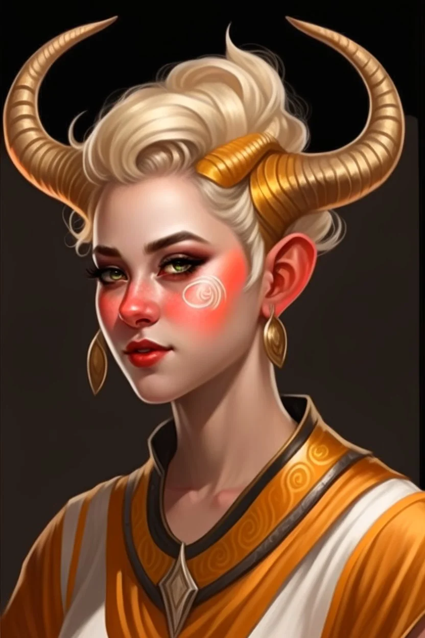 a young tiefling woman with short white blonde hair and gold jewelry, ram horns and gazelle horns