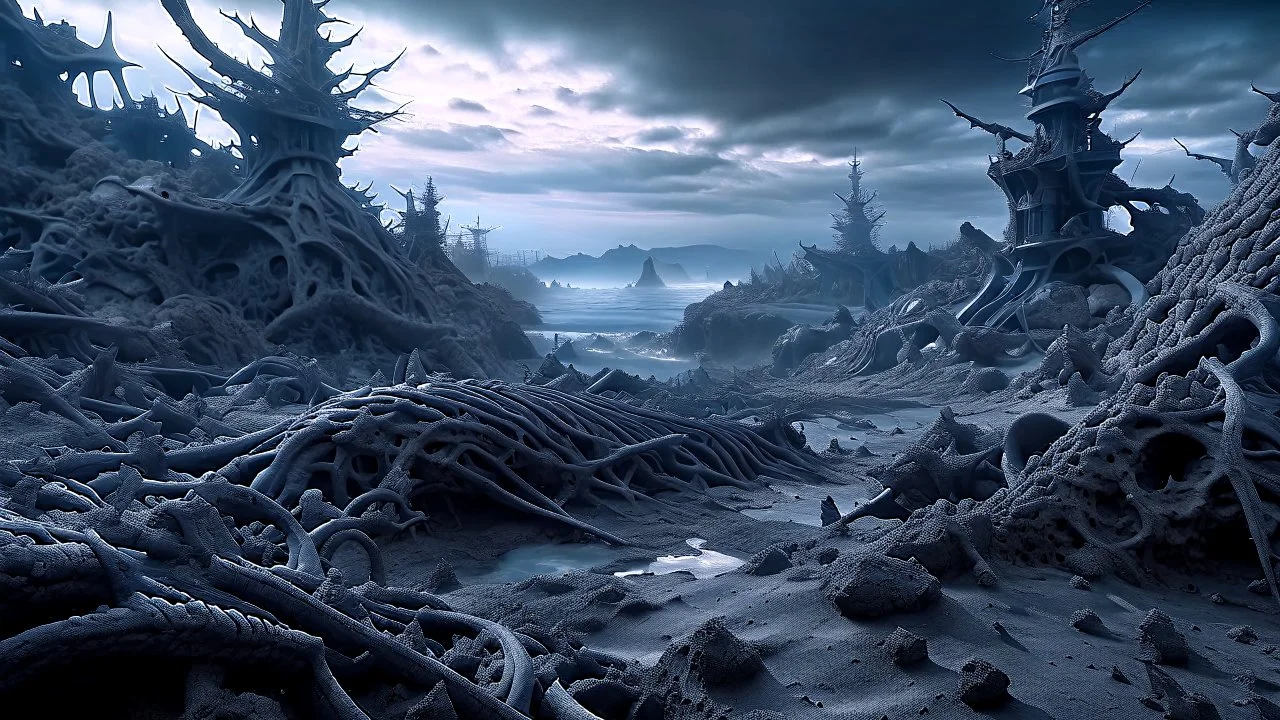 an apocalyptic landscape covered in dark gray dust. dragon bones everywhere. coast of ocean. dark grey mist. seen from the ground. h.r. giger. so much horror. no trees. no fire. no glow. cinematic lighting, hyperrealistic, splash art, concept art, mid shot, intricately detailed, color depth, dramatic, colorful background