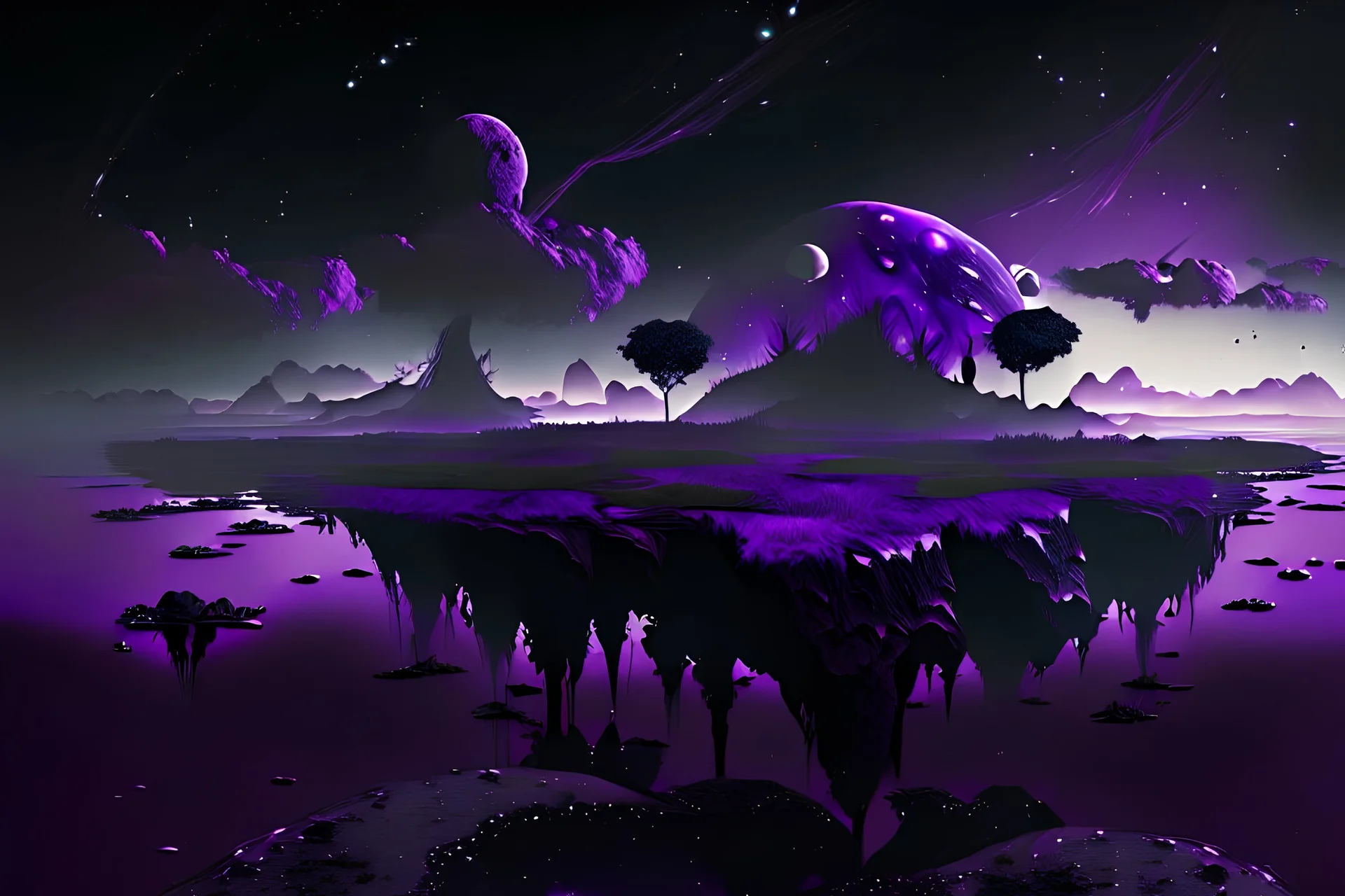 Floating Islands, Dark Purple and Black Night Sky, Stars, Space, Distant Alien Planets, Numerious Islands, Dead Grass, Dense Purple Fog, Standing on Island, First Person View